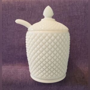 Vintage Genuine Milk Glass Jam Server, Hobnail, 3 pieces